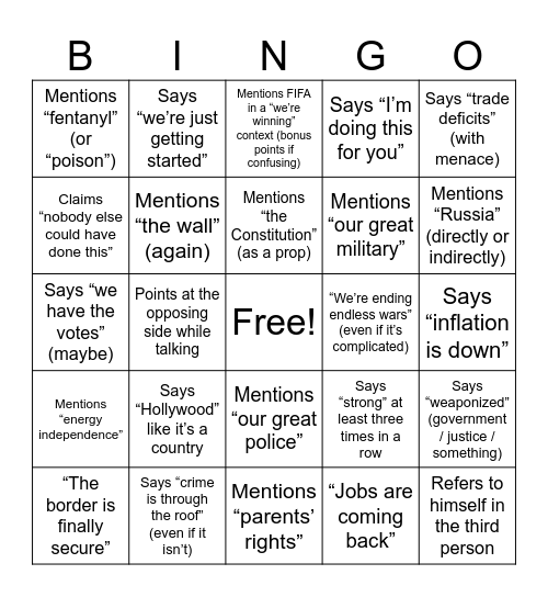 President Trump State of the Union 2026 BINGO Card