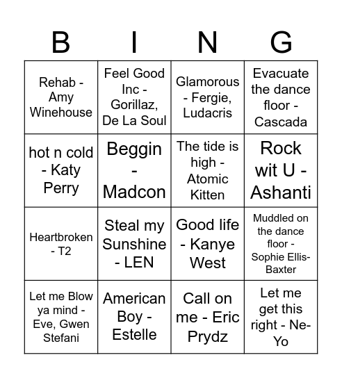 00s Bingo Card