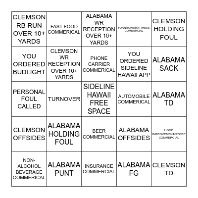 SIDELINE HAWAII ROADSHOW Bingo Card