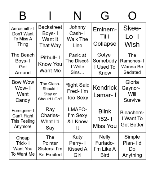 Radio Bingo I, Tunes Bingo Card