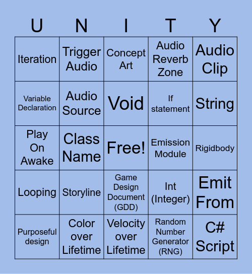 Unity Prep Bingo Card
