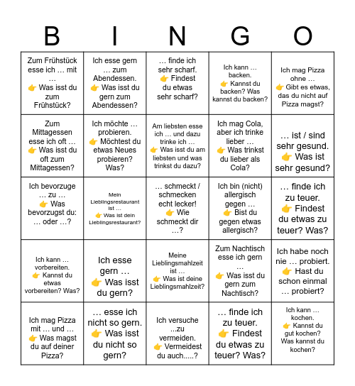 Das Essen Konversation Bingo Card