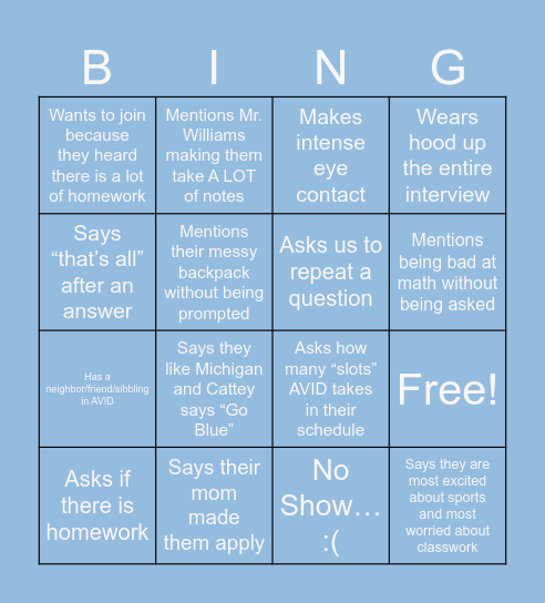AVID Interview Bingo Card