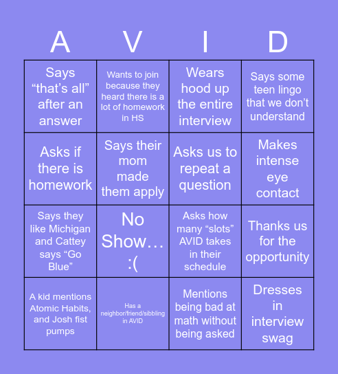 AVID Interview BINGO Card