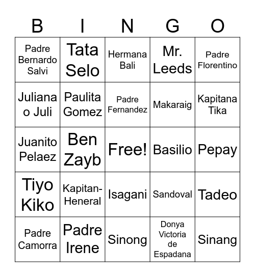 El Filibusterismo Bingo Card Bingo Card