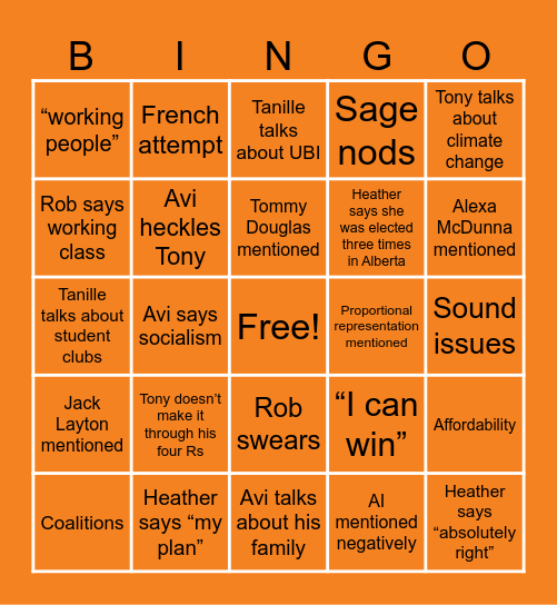 NDP Leaders English Debate Bingo Card