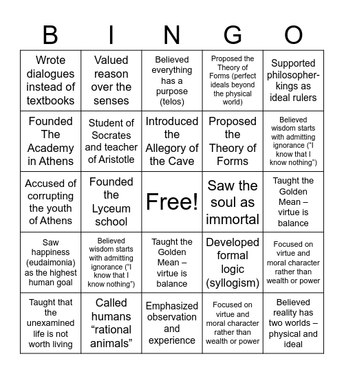 GREEK PHILOSOPHERS Bingo Card