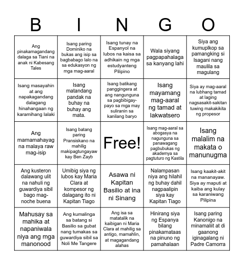 El Filibusterismo Bingo Card Bingo Card