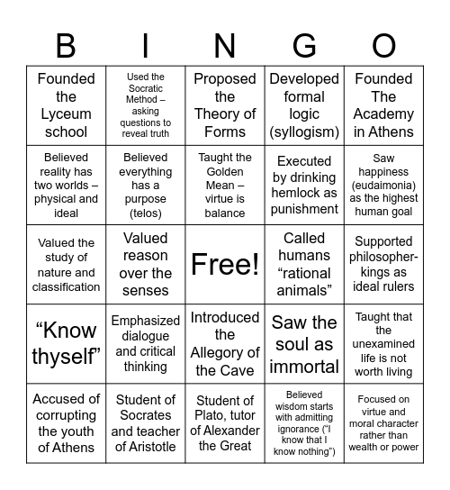 GREEK PHILOSOPHERS Bingo Card