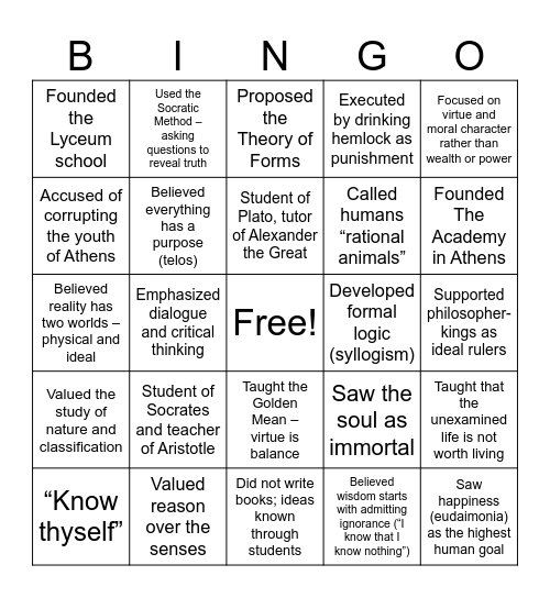 GREEK PHILOSOPHERS Bingo Card