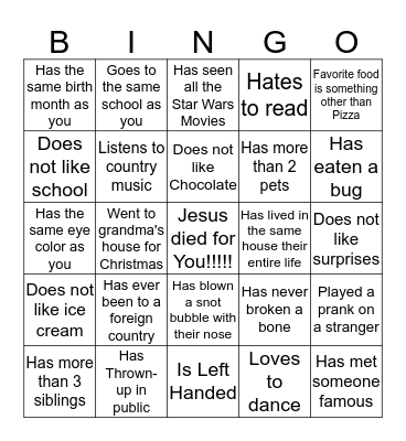 Middle School  Bingo Card