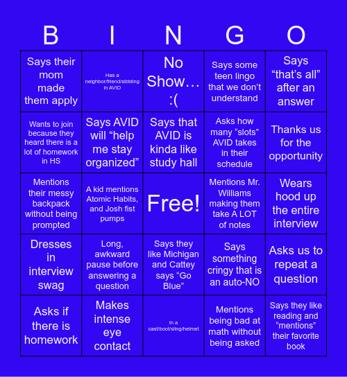 AVID Interview BINGO Card