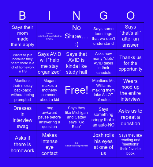 AVID Interview BINGO Card