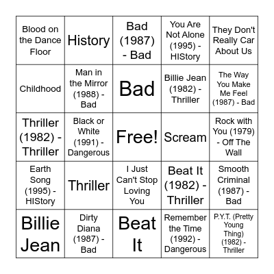 Michael Jackson Bingo Card