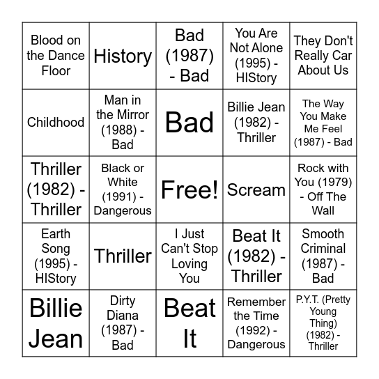 Michael Jackson Bingo Card
