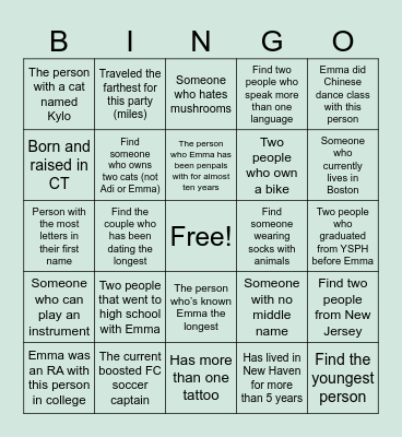 Emma's Party Bingo Card