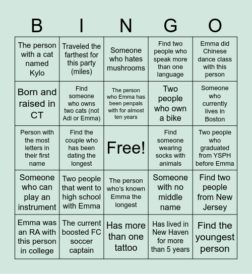 Emma's Party Bingo Card