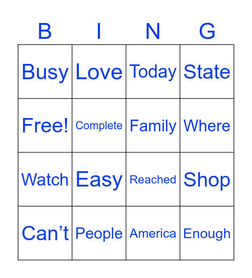 Sightword Bingo Card