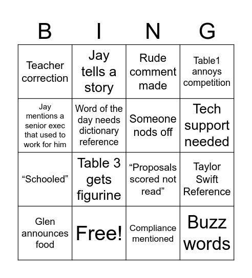 Proposal Boot Camp Bingo Card