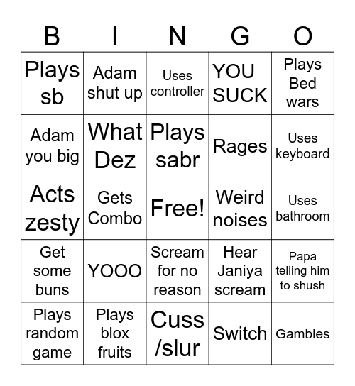 Alijah bingo Card