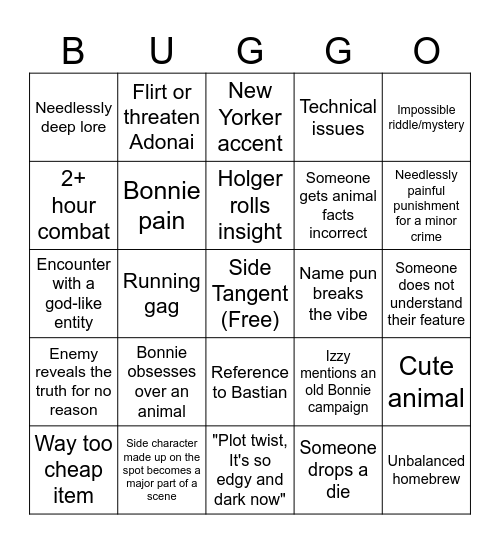 Great Wandering Bingo Card