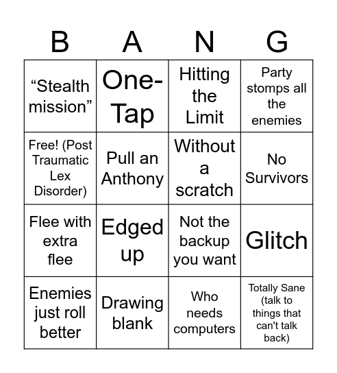 Weapons Run Bingo Card