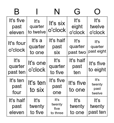 Telling Time Bingo Card