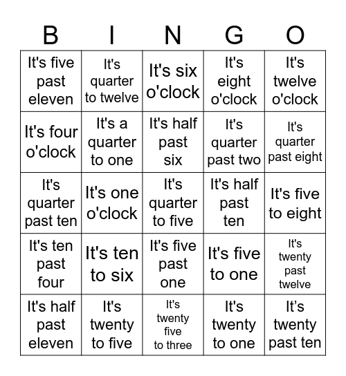 Telling Time Bingo Card