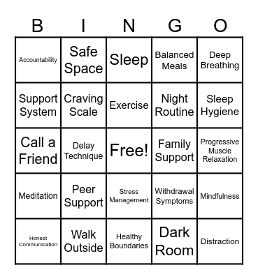 Recovery Skills Bingo Card