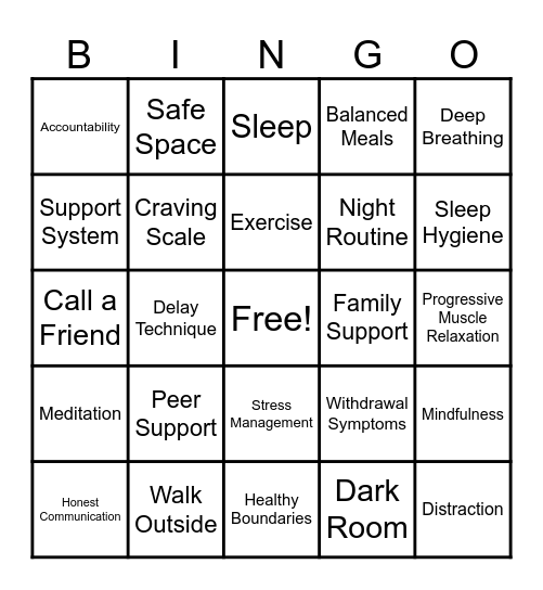 Recovery Skills Bingo Card