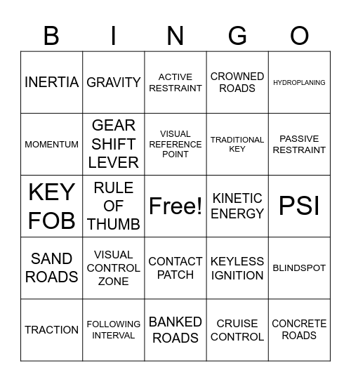 Ch. 2/3 Drivers Ed Vocabulary Bingo Card