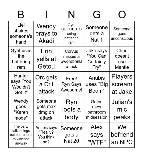 TFYP Bingo Card