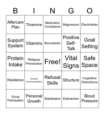 Stabilization & Wellness Bingo Card