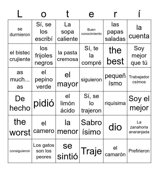 La comida Bingo Card