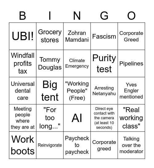 NDP Debate Bingo Card