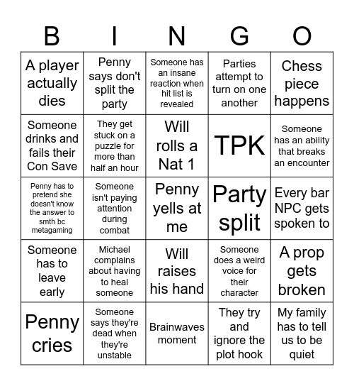 D&D Oneshot Bingo Card