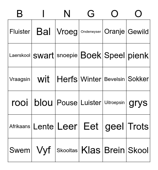 Graad 5 Bingo Card