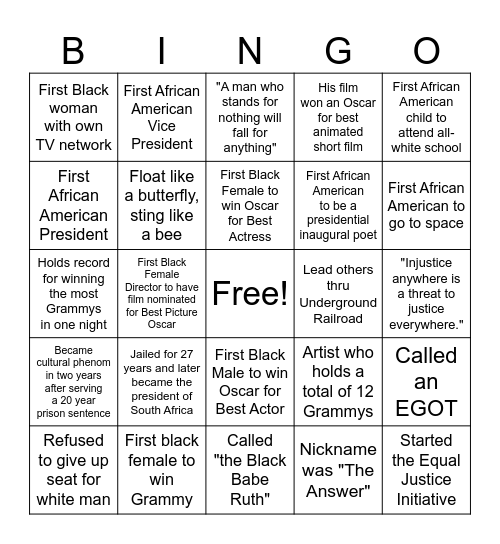 DCSM Black History BINGO 1 Bingo Card