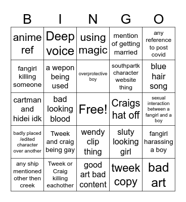 southpark fangirl bingo Card