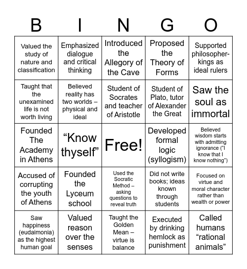 GREEK PHILOSOPHERS Bingo Card
