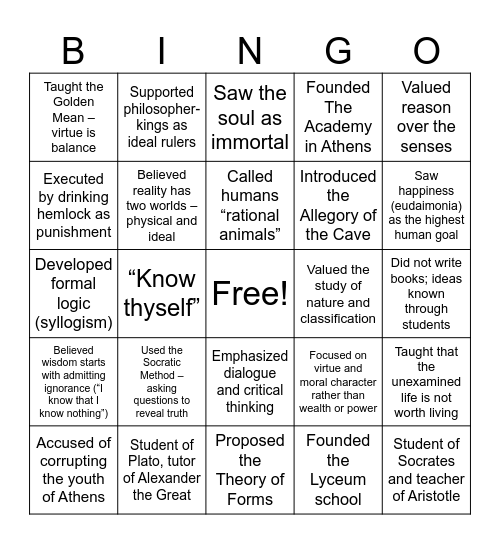 GREEK PHILOSOPHERS Bingo Card