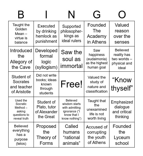 GREEK PHILOSOPHERS Bingo Card