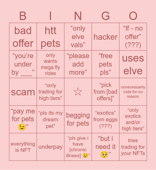Insufferable Adopt Me Players Bingo Card