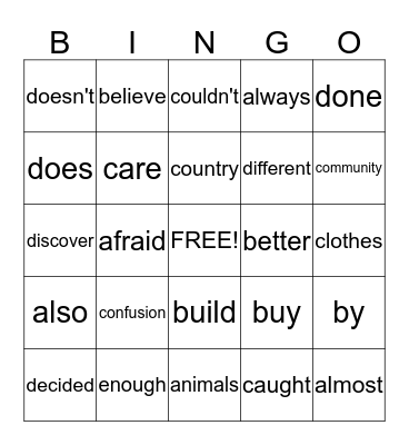 Sight Word Bingo Card