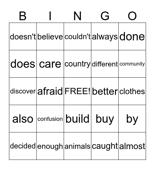 Sight Word Bingo Card