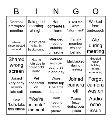 Teams Survival Bingo Card