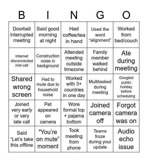 Teams Survival Bingo Card