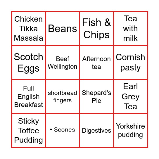 London food & drinks bingo Card