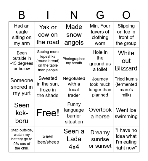 WeRoad with Reine: Bingo in Kyrgyzstan Bingo Card