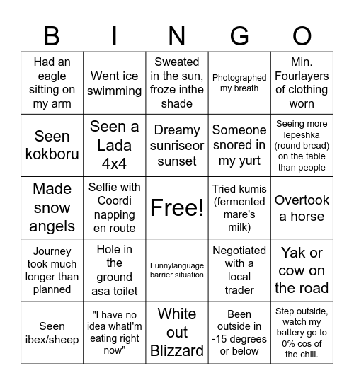 WeRoad Kyrgyzstan with Reine Bingo Card